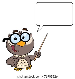 Owl Teacher Character With A Pointer And Speech Bubble