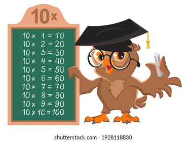 Owl teacher demonstrates multiplication table by 10 on chalkboard. Vector cartoon illustration isolated on white