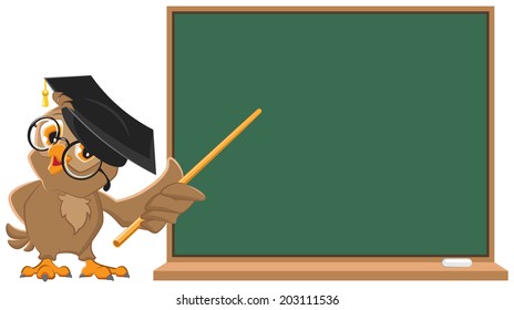 Owl Teacher Holding Pointer At Blackboard. Vector Cartoon