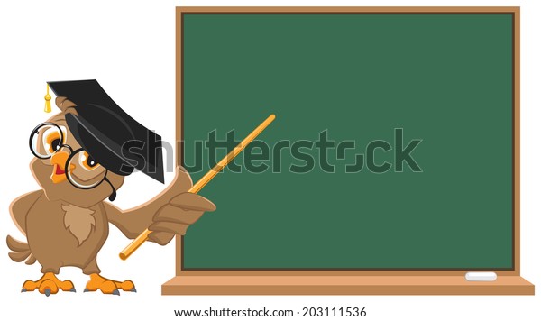 Owl\
teacher holding pointer at blackboard. Vector\
cartoon