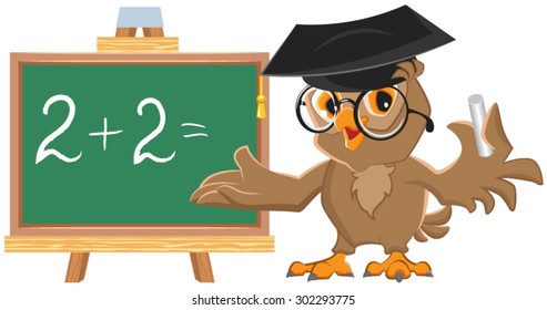 Owl teacher leads math lesson. Isolated illustration in vector format