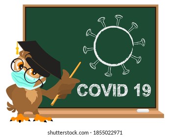 Owl teacher in medical mask by chalkboard on which covid 19 virus is painted. Isolated on white vector cartoon illustration