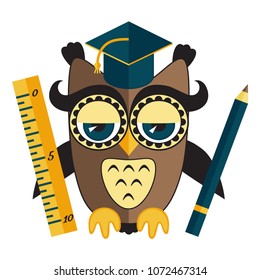 Owl teacher with pencil and ruler flat colorful education vector icon