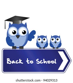 Owl teacher and pupils with back to school message on sign