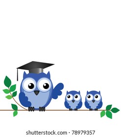 Owl teacher and pupils sat on a tree branch with copy space