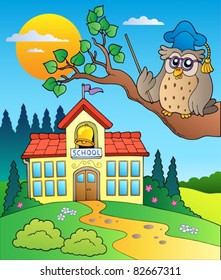 Owl teacher with school building - vector illustration.