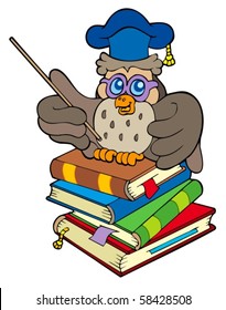 Owl teacher sitting on four books - vector illustration.