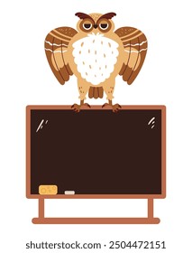 Owl teacher sitting on school blackboard isolated concept. Vector graphic design illustration element