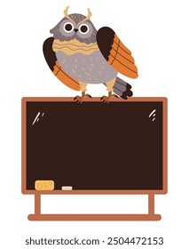 Owl teacher sitting on school blackboard isolated concept. Vector graphic design illustration element