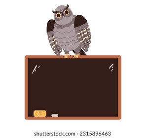 Owl teacher standing near blackboard education school concept. Vector graphic design illustration