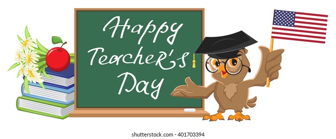 Owl teacher stands at blackboard. Cartoon illustration in vector format