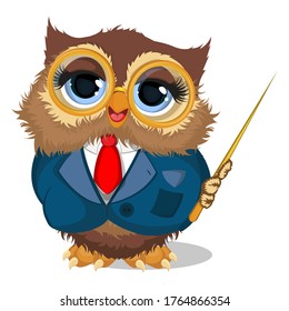 An owl teacher wearing a blue suit and a red tie with a wooden pointer and round glasses. Cartoon vector illustration isolated on white background. Vector illustration for your design.