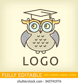 Owl. Template of logo. Line flat design of education logo. Modern vector logo concept. Fully editable outlines, saved lines and layers.