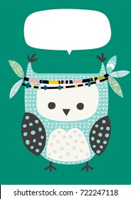 Owl with a text box in Scandinavian style. Vector illustration. Funny, cute poster.