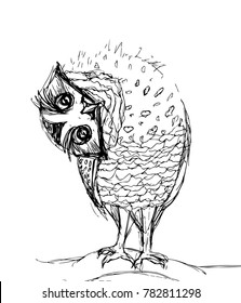 An Owl Tilted Her Head Sideways, Drawing Black Lines On A White Background