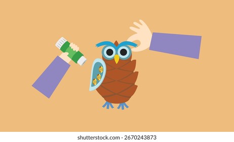 Búho con un cepillo de dientes en la mano. Ilustración vectorial.