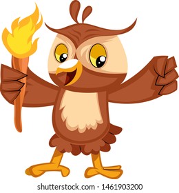 Owl with torch, illustration, vector on white background.