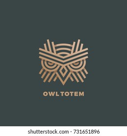 Owl Totem Abstract Vector Sign, Emblem or Logo Template. Golden Line Style Geometry Emblem. Dark Green Background.