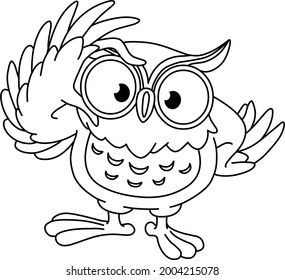 Owl touching his glasses. Vector line art illustration coloring page.