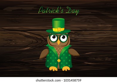 Owl in traditional green suit and glasses on the day of Patrick. Greeting card with owlet. Free space for your ad or text. Vector illustration on wooden background.
