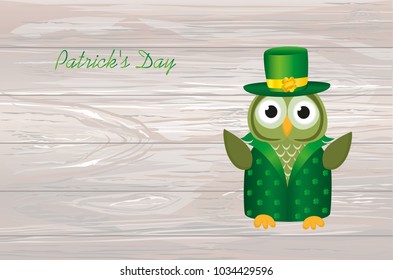 Owl in traditional green suit and glasses on the day of Patrick. Greeting card with owlet. Free space for your ad or text. Vector illustration on wooden background.