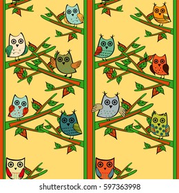 Owl tree branch vertical vector seamless pattern