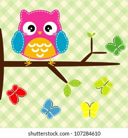 Owl in the tree and butterflies. Vector illustration.