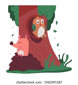 Owl in tree hollow vector cartoon illustration isolated on a white background.