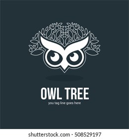OWL TREE LINE ART LOGO TEMPLATE SYMBOL EMBLEM