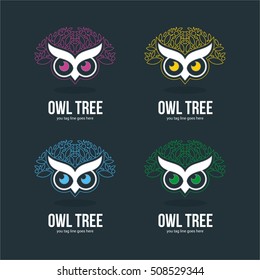 OWL TREE LINE ART LOGO TEMPLATE SYMBOL EMBLEM SET