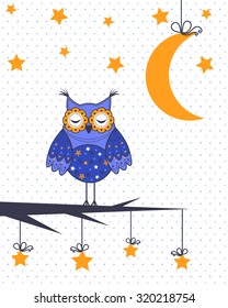 An owl in a tree with the moon and stars