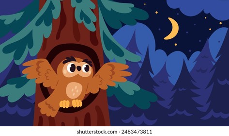 Owl in tree at night. Nocturnal bird of prey flies out of hollow to hunt. Fir wood branches. Forest landscape. Nighttime nature. Owlet in hole. Flying wild animal. Garish