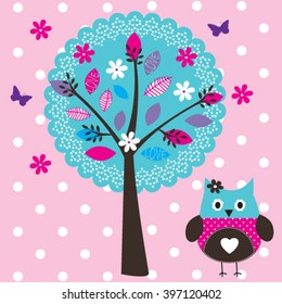 owl with tree on polka dots background vector illustration