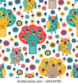 owl and tree seamless pattern