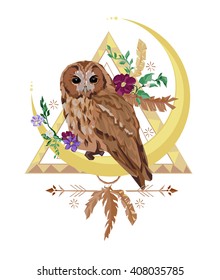 owl trend vector illustration, boho style illustration. bird