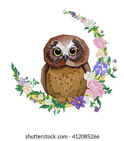 owl trend vector illustration, boho style illustration. bird and moon
