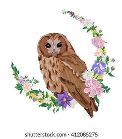 owl trend vector illustration, boho style illustration. bird and moon
