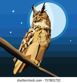 Owl of the triangles, sitting on the branch, night predatory bird, low poly animal, vector design