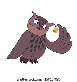 Owl tries on earrings. Vector illustration.