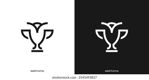 Owl Trophy Logo. Trophy and Owl Bird with Line Style. Champion Logo, Icon, Symbol, Vector, Design Inspiration.