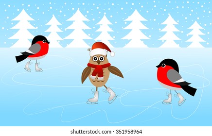 Owl and two bullfinch skate on the ice, vector illustration