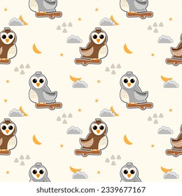 Owl two color cartoon so cute. On moon star cloud. Pattern seamless vector illustration.