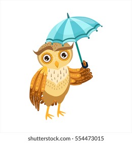 Owl With Umbrella Cute Cartoon Character Emoji With Forest Bird Showing Human Emotions And Behavior