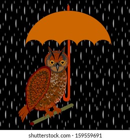 An owl with umbrella in the rain. Vector-art illustration