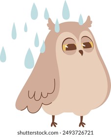 Owl Under Rain Vector Illustration