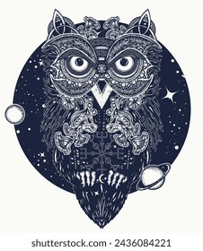 Owl in universe tattoo. Double exposure bird. Esoteric symbol of wisdom, meditation, thinking, dreams and imagination. Creative t-shirt design concept