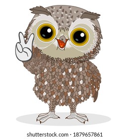 owl with a V for victory or peace gesture, funny cartoon character with facial expression, hand drawn emoticon, vector illustration