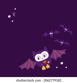Сute owl vampire with moon, bats and stars. Happy Halloween vector illustration in cartoon style