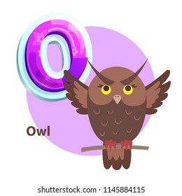 Owl vector applique for O vowel spelling. Isolated wise bird for teaching alphabet to children. Crisscross-row letter with howlet cartoon character.