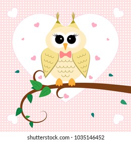 Owl vector. Owl with bow on the tree. Hearts in the air. Vector Illustration. 